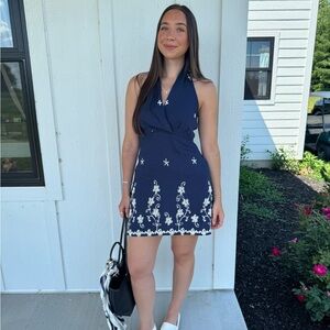 Cider Elegant Navy Halter Dress with White Embroidery